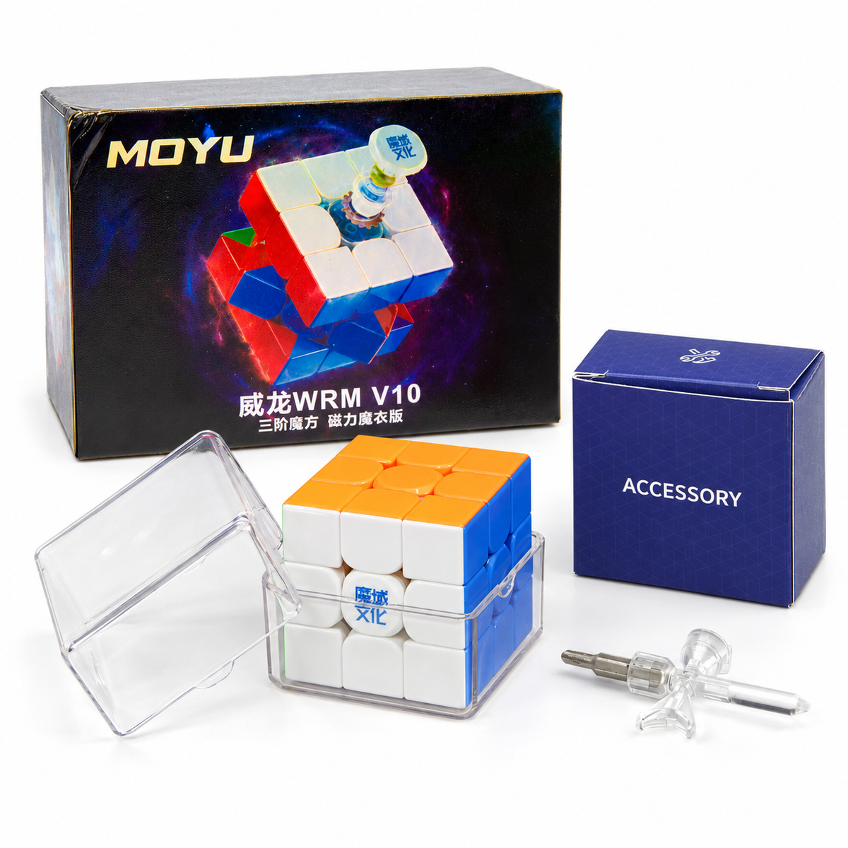 MoYu WeiLong WR M V10 3x3 UV — ürün, kutu, saklama kabı ve ayar aleti