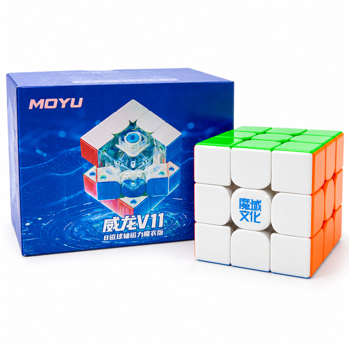 MoYu WeiLong WR M V11 3x3 8M Ball-Core UV — ürün ve kendi sürüm kutusu