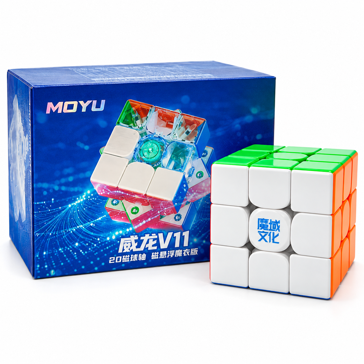 MoYu WeiLong WR M V11 3x3 20M Ball-Core MagLev UV — ürün ve kendi sürüm kutusu
