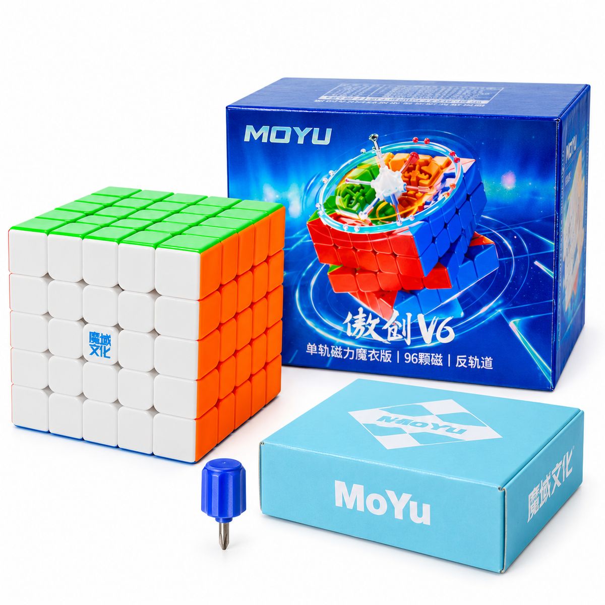 MoYu AoChuang V6 5x5 Single-Track UV — Ürün, kutu ve aksesuarlar