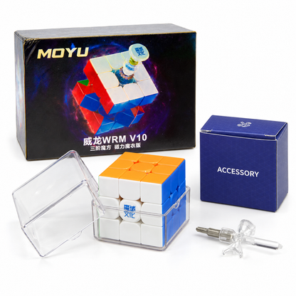MoYu WeiLong WR M V10 3x3 UV — ürün, kutu, saklama kabı ve ayar aleti